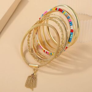 COLORFUL BLING Boho Gold Indian Multi Cuff Bangle Bracelet Layered Rhinestone Pearl Stackable Cable Smooth Bracelet Set Bohemian Jewelry for Women-tassel