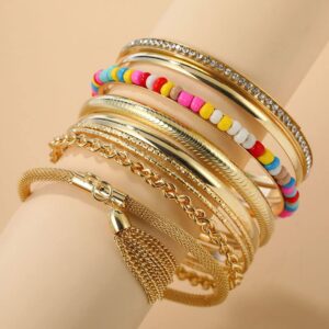 COLORFUL BLING Boho Gold Indian Multi Cuff Bangle Bracelet Layered Rhinestone Pearl Stackable Cable Smooth Bracelet Set Bohemian Jewelry for Women-tassel