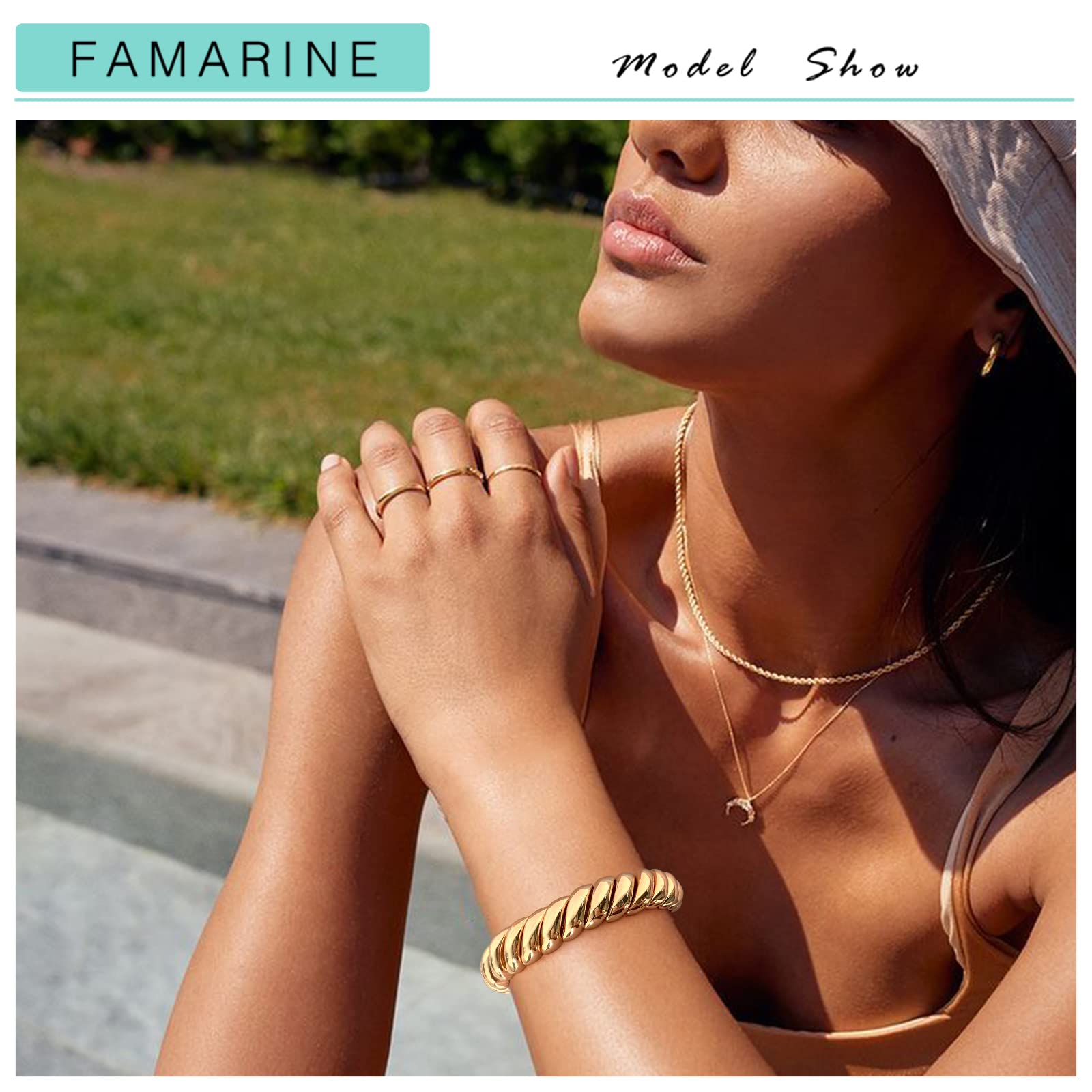 FAMARINE Gold Chunky Bangle Bracelet, Stretchable Elastic Bracelet for Women Men