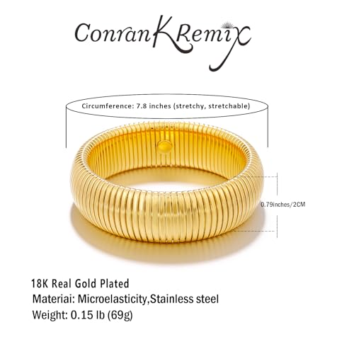 CONRAN KREMIX Gold Chunky Bangle Stretch Bracelets For Women 14K Real Gold Filled Stainless Steel Cuff Bracelet Non Tarnish Trendy Jewelry 20MM Width,8 Inches