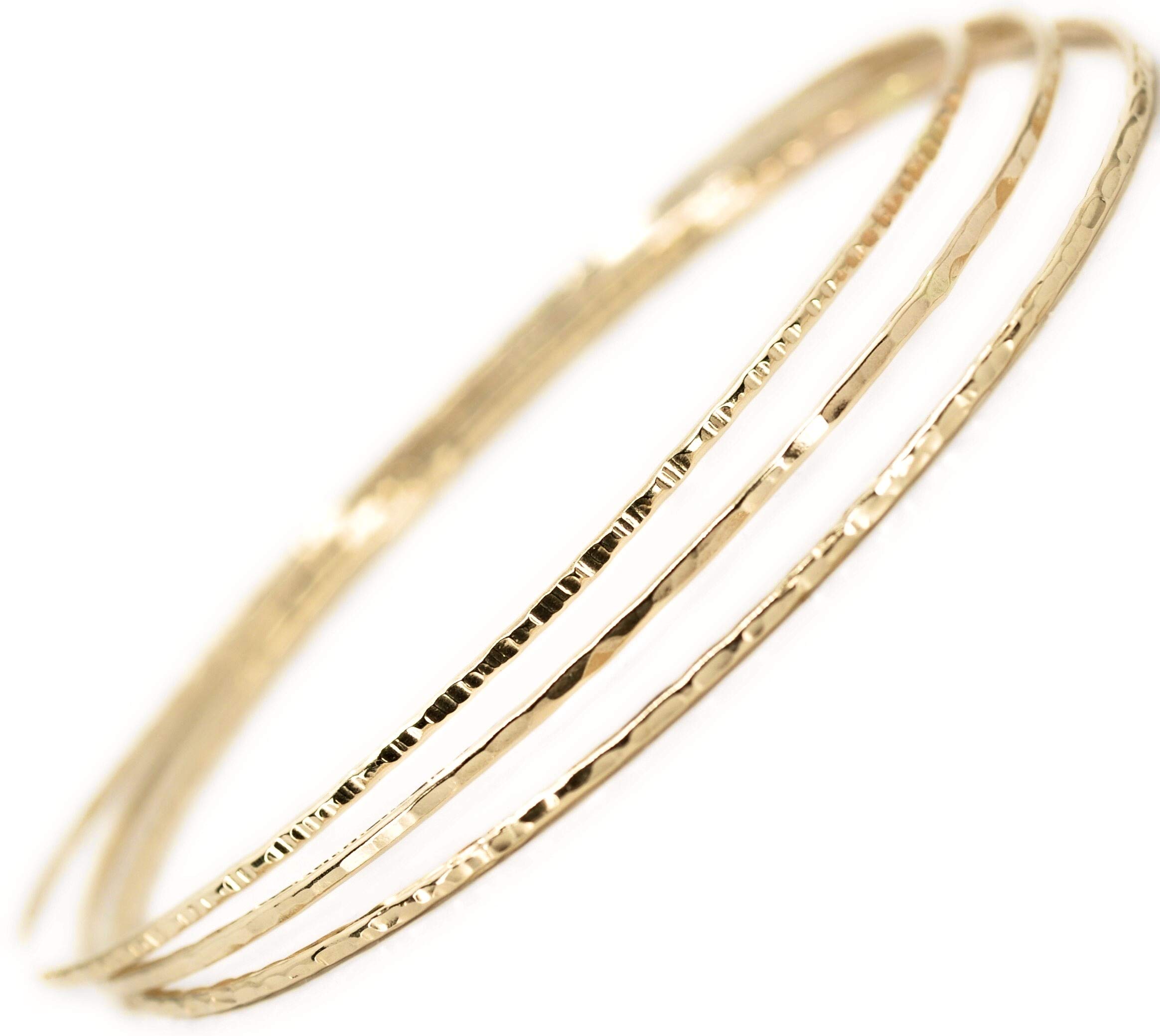 14k gold filled Bangles hammered slip on set of 3 textures, Mu-Yin Jewelry Handmade in USA (M)