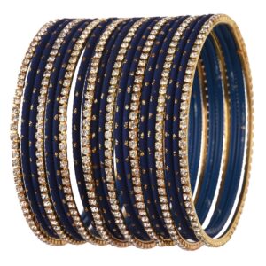 Efulgenz Indian Bangle Set Rhinestone CZ Plain Metal Bracelet Bangle Jewelry for Women (20 Pcs) Size-2.6, Blue