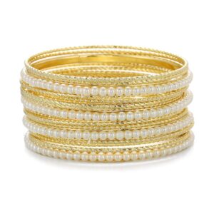 Ensoul Shiny Gold With Lt.Cream White Color Acrylic Pearl-beads Mixed Metal Girls&Women Bangles Set of 17