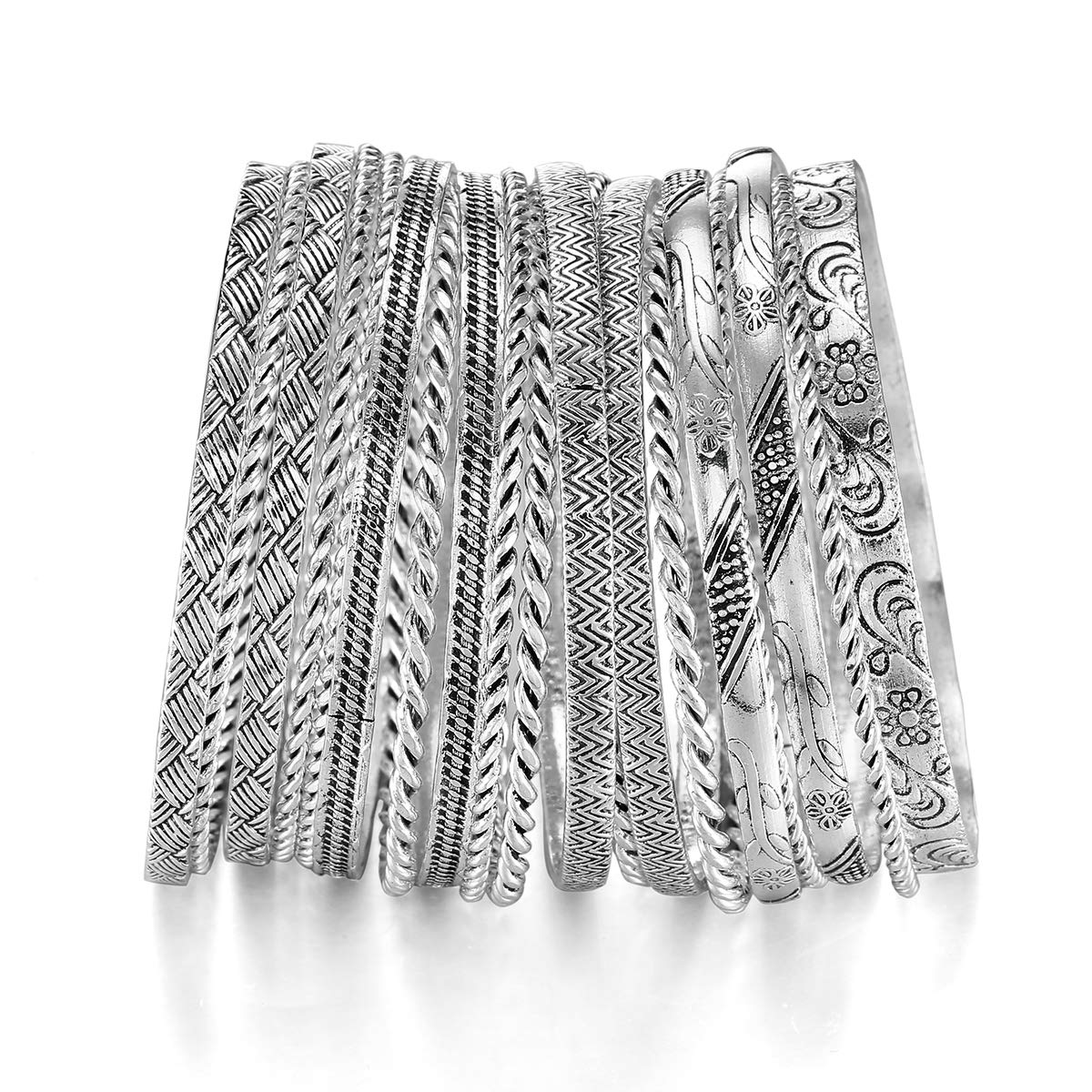 ENSOUL Antique Silver Color Flower Mixed Metal Aztec African Indian Vintage Multi Bangle&Bracelets For Women Set of 19