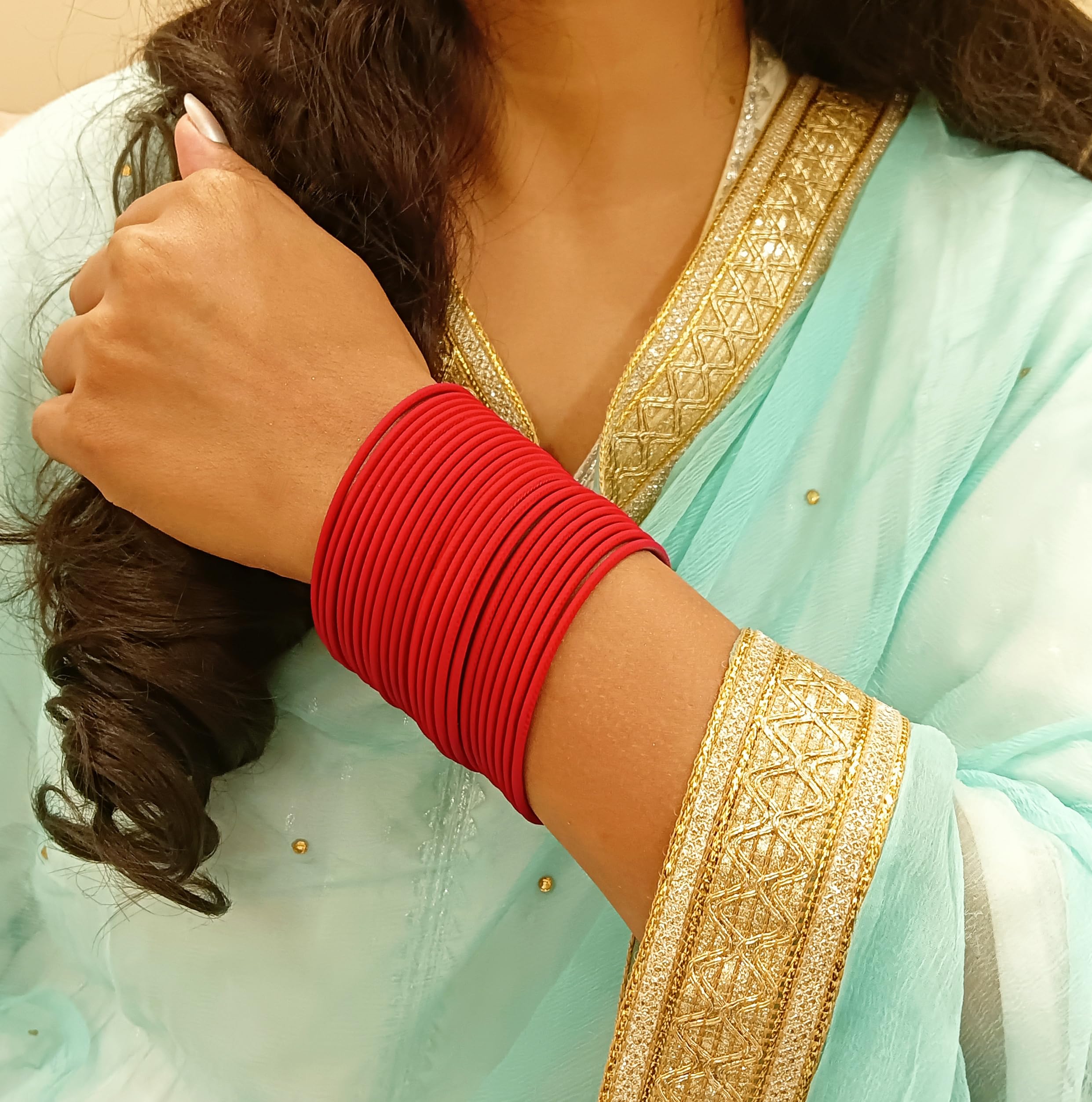 Efulgenz Plain Metal Bangle Bracelets Bridal Indian Wedding Bangles Set Matte Red Bangles Bollywood Bangle Set for Women (24 Pcs) Size 2.6