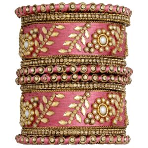 aheli traditional wedding designer silk thread faux stone studded bridal bangle set chuda indian ethnic bollywood fashion jewelry for women (pink)