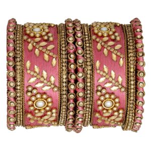 Aheli Traditional Wedding Designer Silk Thread Faux Stone Studded Bridal Bangle Set Chuda Indian Ethnic Bollywood Fashion Jewelry for Women (Pink)