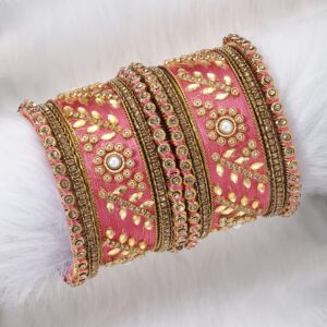 Aheli Traditional Wedding Designer Silk Thread Faux Stone Studded Bridal Bangle Set Chuda Indian Ethnic Bollywood Fashion Jewelry for Women (Pink)