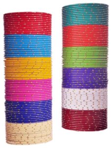 jewar colorful bangle multi-color collection indian bollywood exclusive silver golden glitters glossy glaze exotic matte vintage textured colorful fashion designer metal jewelry bangle bracelets set of 12*12=144 piece for women (colorful multi-color, 2.10