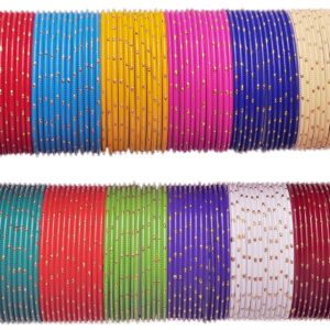 Jewar Colorful Bangle Multi-Color Collection Indian Bollywood Exclusive Silver Golden Glitters Glossy Glaze Exotic Matte Vintage Textured Colorful Fashion Designer Metal Jewelry Bangle Bracelets Set of 12*12=144 Piece for Women (Colorful Multi-Color, 2.10