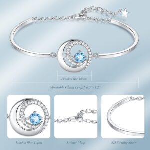 FANCIME London Blue Topaz Bracelets 925 Sterling Silver Moon and Star Bangle Charm November December Birthstone Bracelet Fine Jewelry Birthday Anniversary Christmas Gifts for Her, Chain 6.7"+1.2"