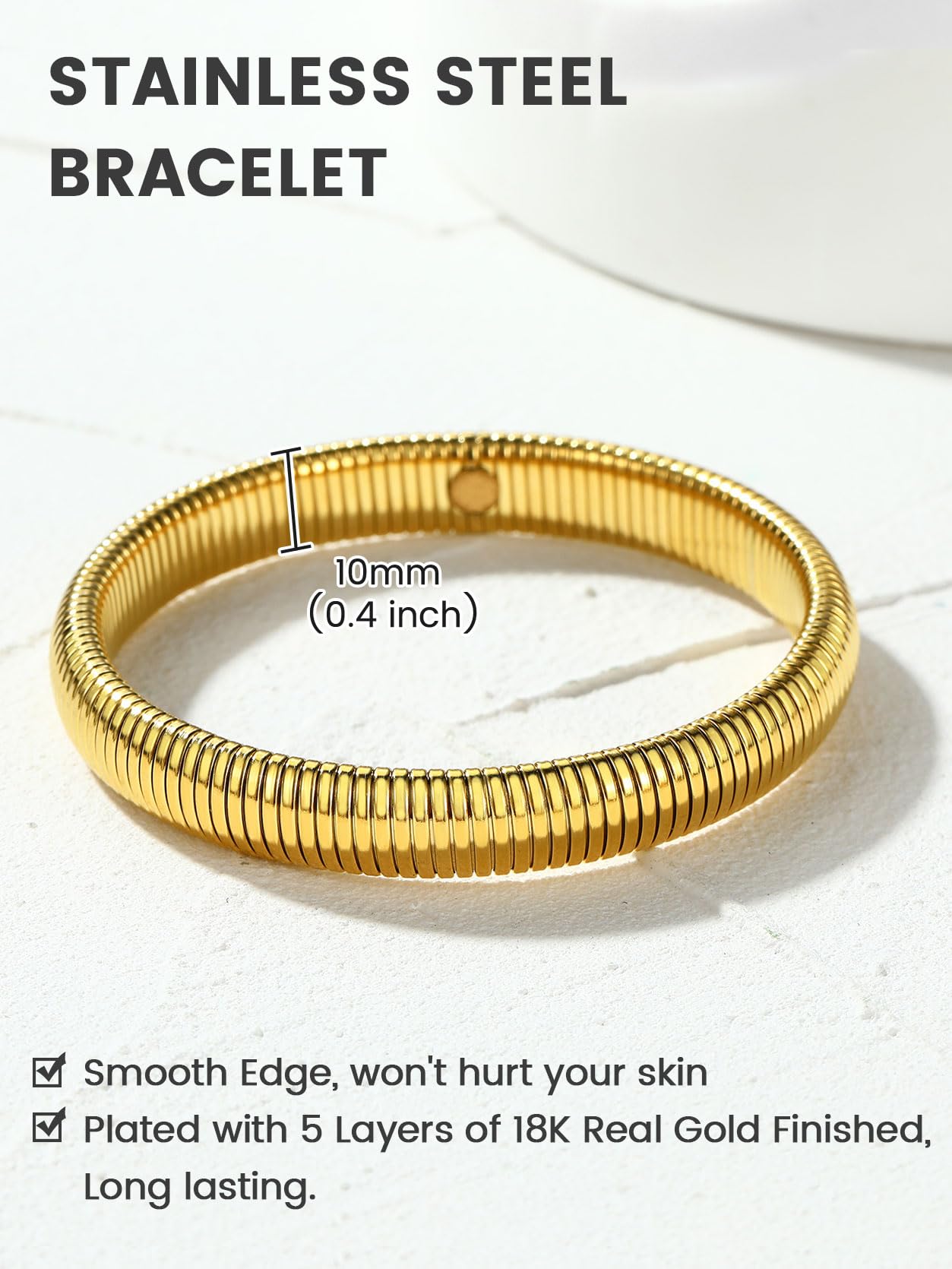 KeyStyle Gold Bangles for Women Thin Stretch Bracelets, High Polished Snake Link Flexible Bangle Bracelet (10mm wide)