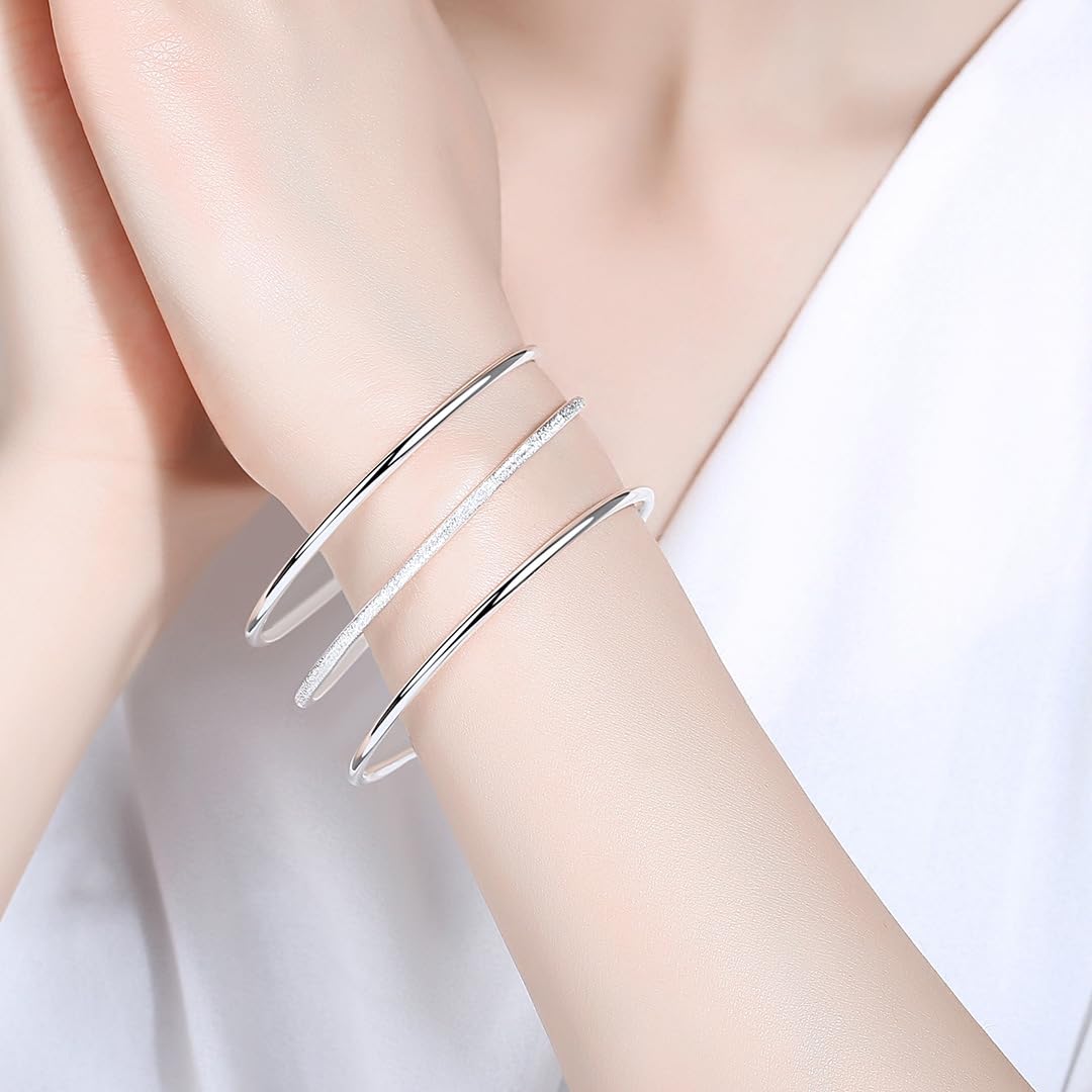 Sterling Silver Bangle Bracelets for Women,Fashion Jewelry Simple Adjustable 925 Silver Cuff Bangles for Women Mom Wife Valentine Mothers Day Gift