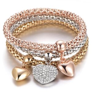 silaner crystal charms multilayer bracelets - 3pcs gold/silver/rose gold corn chain bracelet for women, tree of life heart shaped stretch bracelet(solid hearts charm)