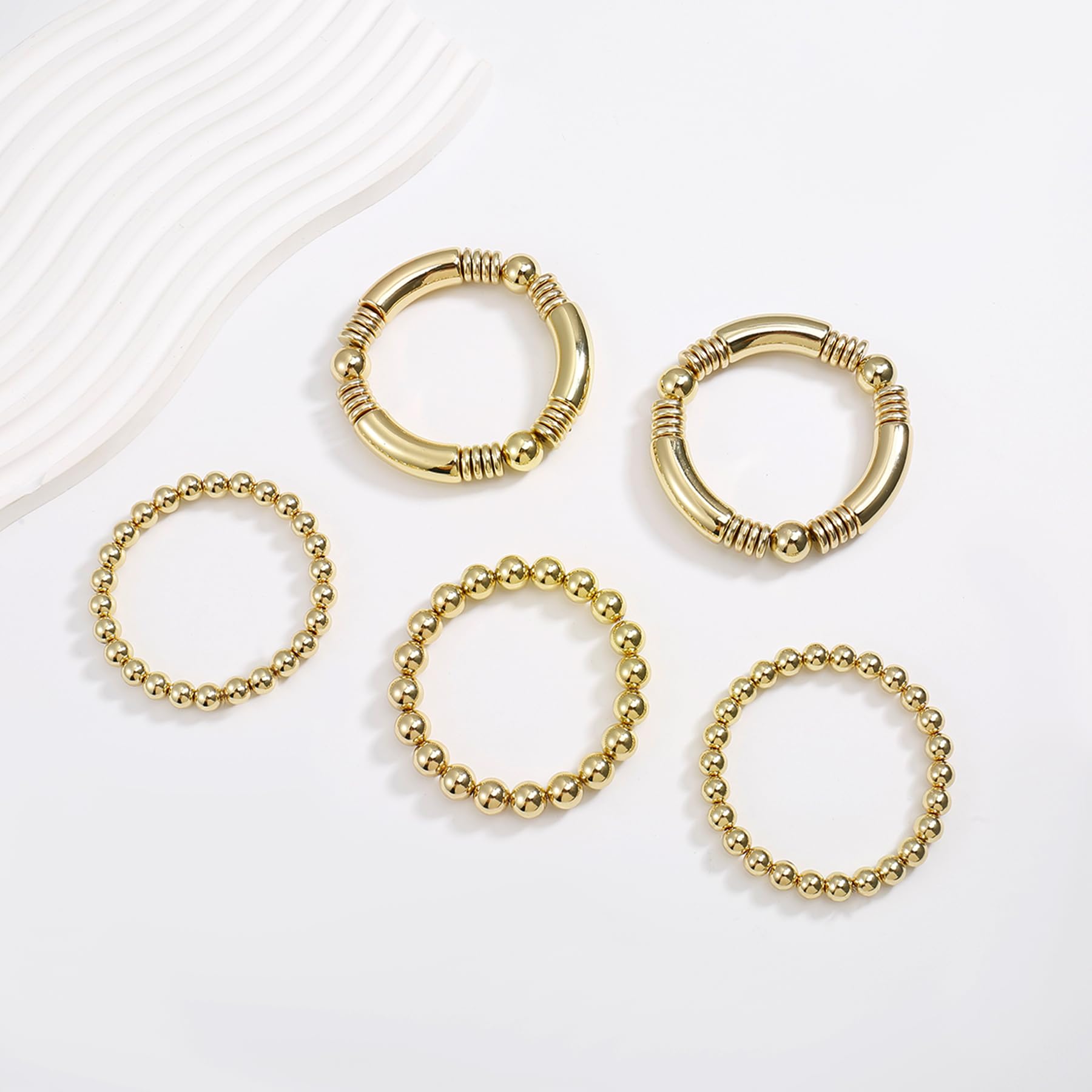 Gold Bangles Bracelet for Women Chunky Curved Stacking Plated Bead Ball Stretchable Bracelets