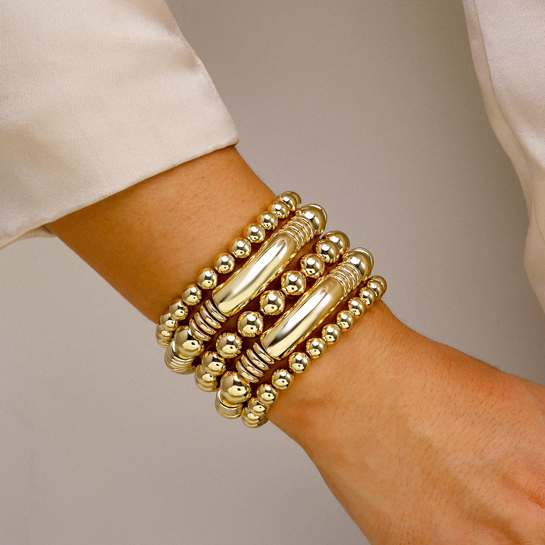 Gold Bangles Bracelet for Women Chunky Curved Stacking Plated Bead Ball Stretchable Bracelets