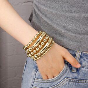 Gold Bangles Bracelet for Women Chunky Curved Stacking Plated Bead Ball Stretchable Bracelets