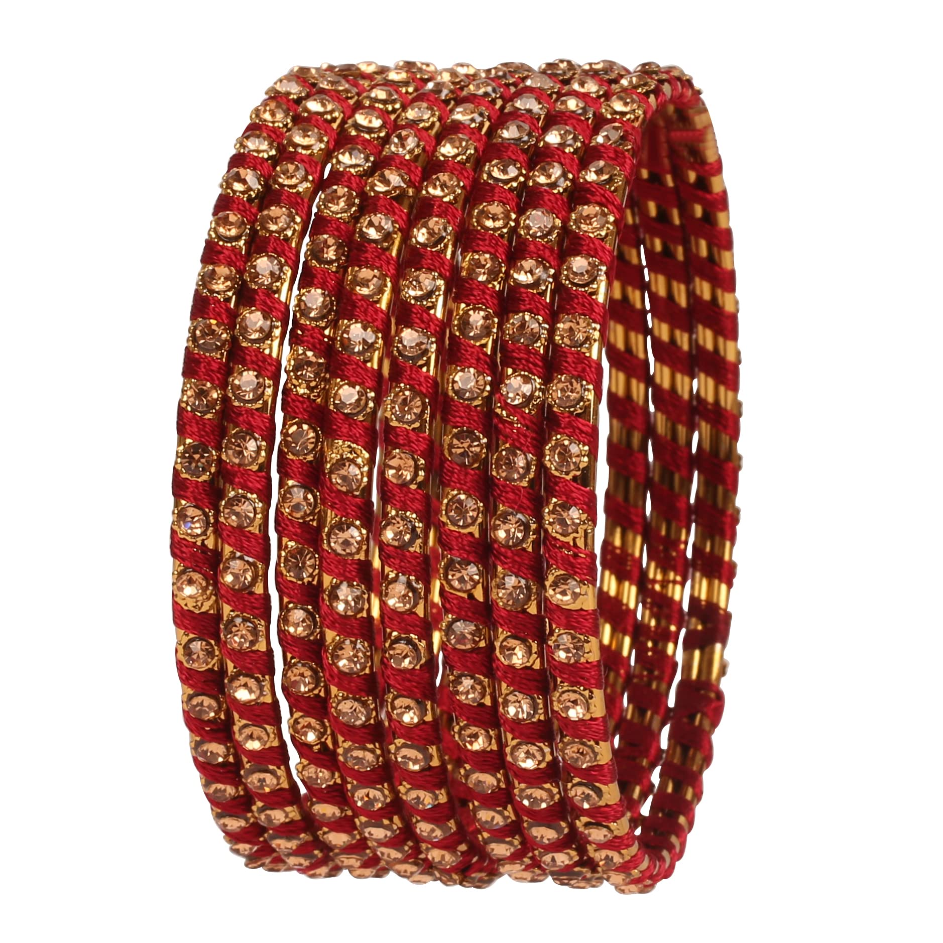 Touchstone New Silk Thread Bangle Collection Indian Bollywood Hand Woven Silk Thread Marron Color Rhinestone Designer Jewelry Special Extra Large Size Bracelets Bangle Set of 8 for Women.