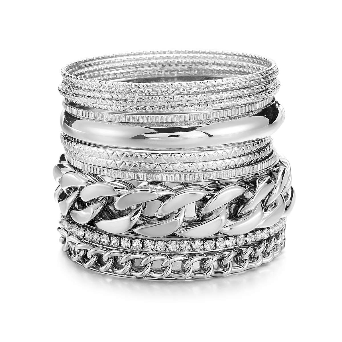 Ensoul Shiny Silver Color Multiple Textured Metal Bracelets & Bangles Set 14Pcs/Set W/Rhinestones