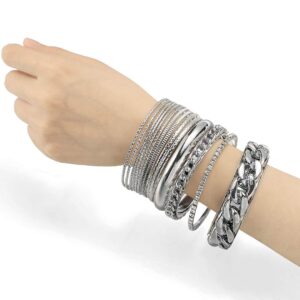 Ensoul Shiny Silver Color Multiple Textured Metal Bracelets & Bangles Set 14Pcs/Set W/Rhinestones