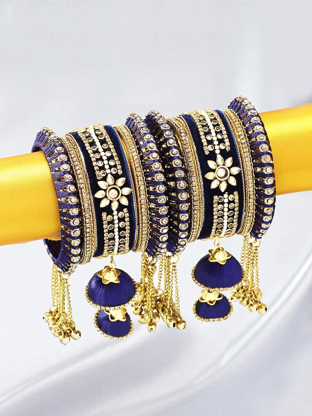 Aheli Wedding Party Designer Velvet Faux Stone Studded Bridal Bangle Set Chuda with Hangings Indian Traditional Ethnic Fashion Jewelry for Women