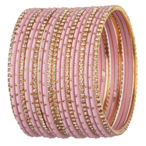 Efulgenz Indian Bangle Set Rhinestone CZ Plain Metal Bracelet Bangle Jewelry for Women (20 Pcs) Size-2.4, Pink