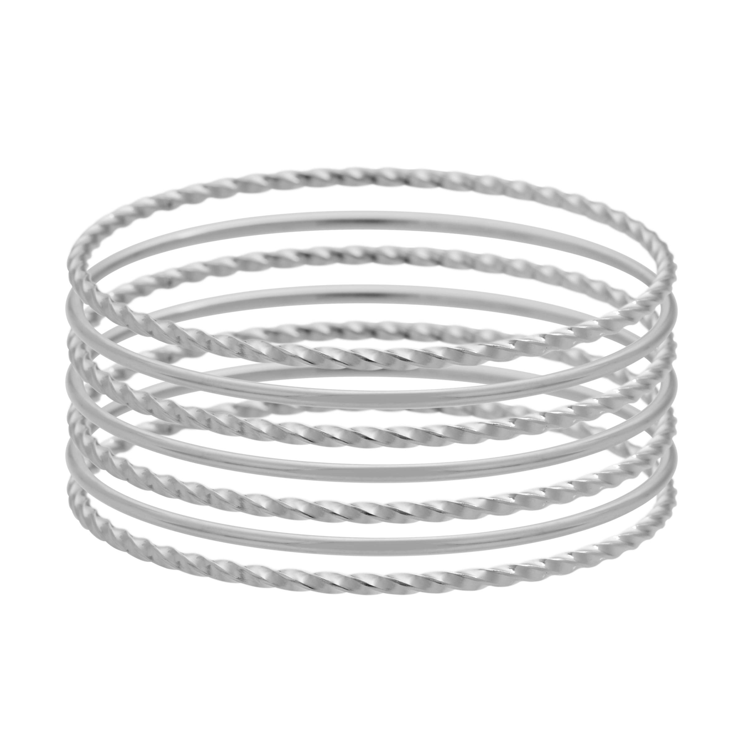 Edforce Stainless Steel Women's Twisted Thin Round Stackable Bangle Bracelet, Set of 7 (Silver)