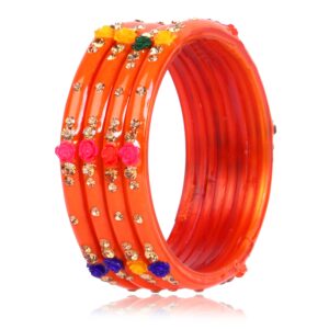 jd'z collection bollywood bangle bracelets for women & girls partywear kada indian glass bangles jewelry set flower designer saree matching 4pc bangles for women (orange, 2.6)