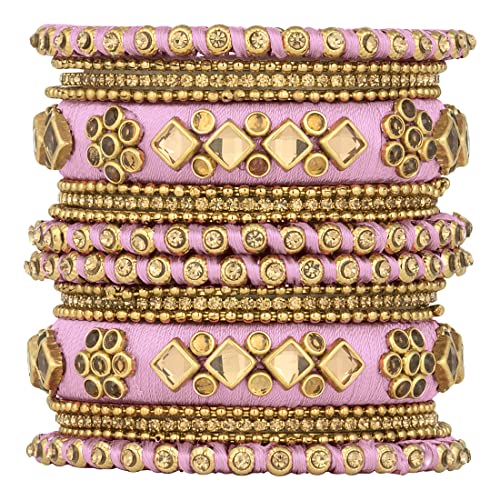 Aheli Ethnic Handmade Silk Thread Faux Stone Studded Bangle Set Chuda Indian Wedding Wear Fashion Jewelry for Women (Light Pink)