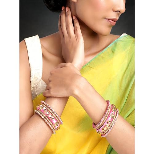 Aheli Ethnic Handmade Silk Thread Faux Stone Studded Bangle Set Chuda Indian Wedding Wear Fashion Jewelry for Women (Light Pink)