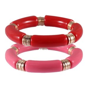 pipitree bamboo tube bangles bracelet for women ，chunky curved stacking clear acrylic colorful beads stretchable gold bracelets friendship summer beach jewelry