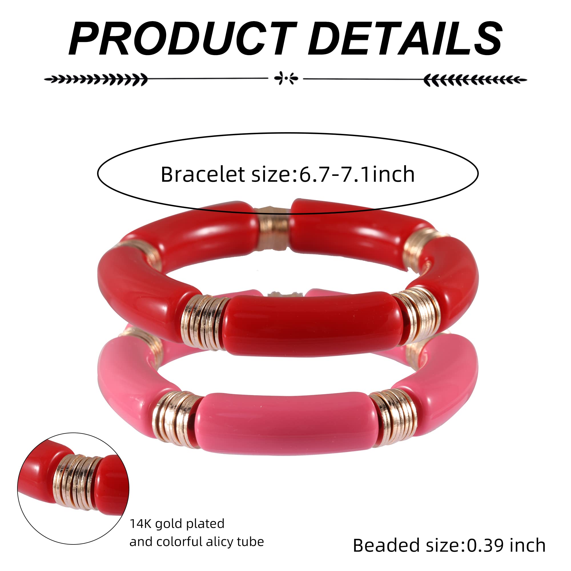 PIPITREE Bamboo Tube Bangles Bracelet For Women ，Chunky Curved Stacking Clear Acrylic Colorful Beads Stretchable Gold Bracelets Friendship Summer Beach Jewelry