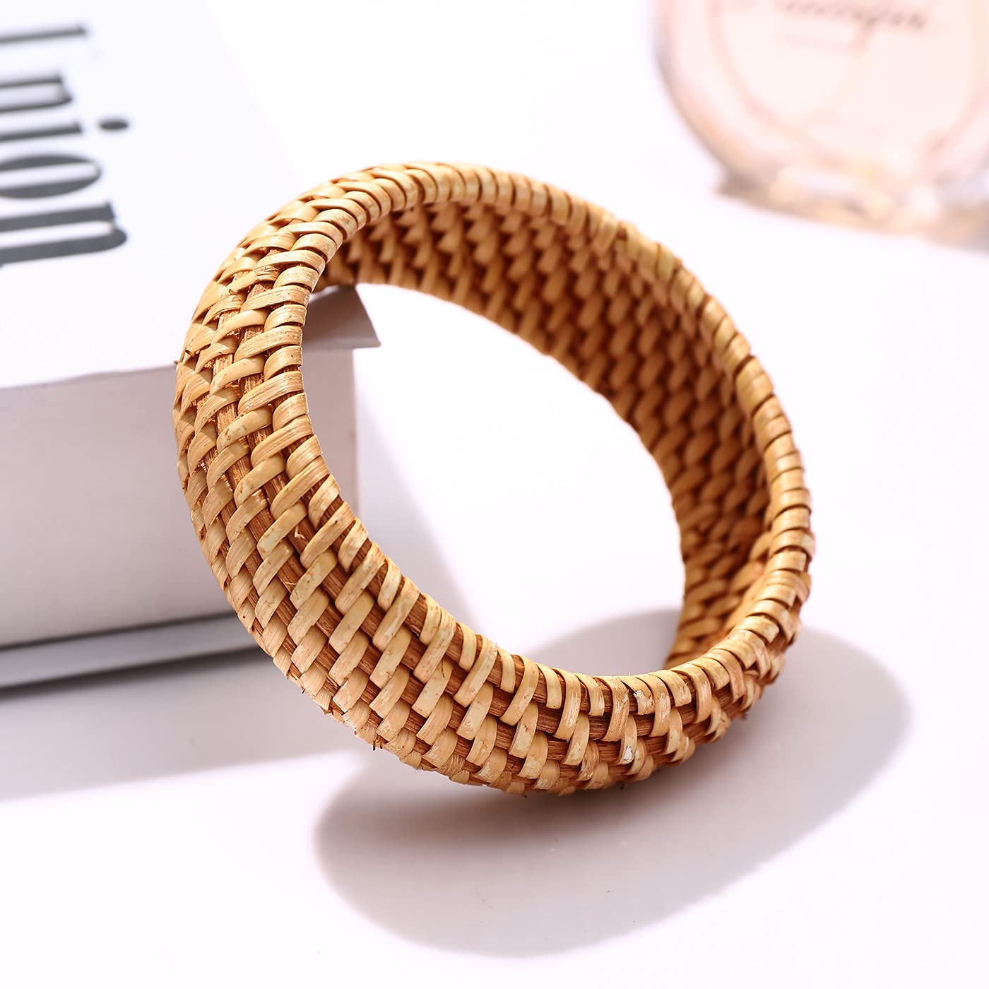 HEIDKRUEGER Rattan Bracelet For Women Girls Handmade Lightweight Straw Wicker Braid Woven Bangle Bracelet Summer Statement Chunky Bracelet (Rattan B)