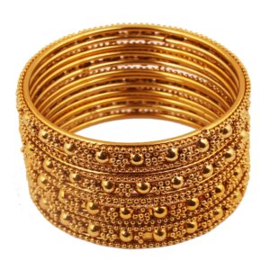 Touchstone "Golden Bangle Collection Indian Bollywood Ethnic Filigree with Modern Twist Charming Look Thick Designer Jewelry Bangle Bracelets Set of 4 for Women in Antique Gold tone.