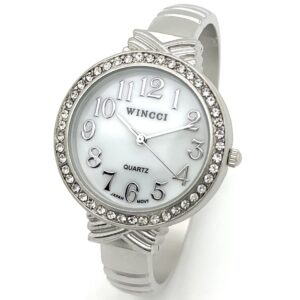 Wincci Ladies Mother of Pearl Dial Metal Bangle Cuff Fashion Analog Quartz Watch with Rhinestones (Silver)