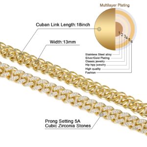 FEEL STYLE Mens Cuban Link Chain Gold Silver Plated Bling Miami Cuban Necklace Diamond Chain for Men13MM Iced Out Hip Hop Jewelry