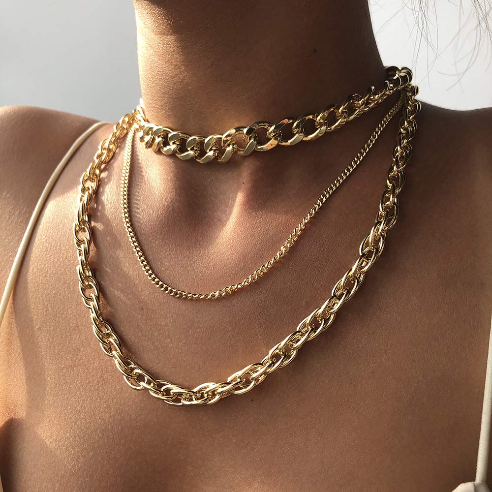 JWICOS Gold Miami Cuban Link Chain for Women and Girls Chunky Chain Necklace with Three Layer Boho Bohemia Choker (Gold)