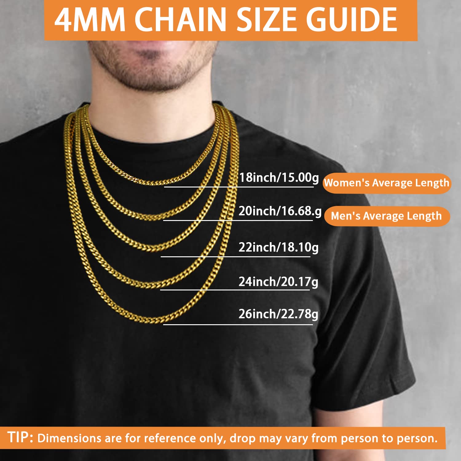 Jewlpire Gold Chain for Men, 4mm Mens Necklace Cuban Link Chain Necklace for Men, 18K Gold Plated Chain Necklace Sturdy & Durable Men's Necklaces 18 inch