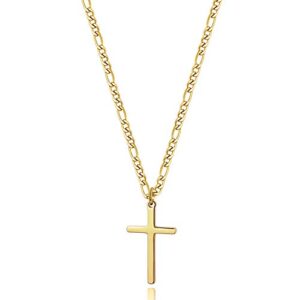 14K Gold Filled Cross Necklace for Men Figaro Chain Cross Necklace Stainless Steel Plain Cross Pendant Necklace Simple Faith Jewelry Gift for Boys 18"