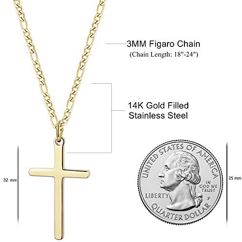 14K Gold Filled Cross Necklace for Men Figaro Chain Cross Necklace Stainless Steel Plain Cross Pendant Necklace Simple Faith Jewelry Gift for Boys 18"