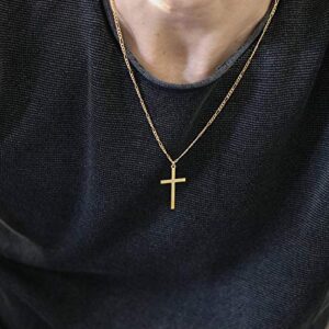 14K Gold Filled Cross Necklace for Men Figaro Chain Cross Necklace Stainless Steel Plain Cross Pendant Necklace Simple Faith Jewelry Gift for Boys 18"