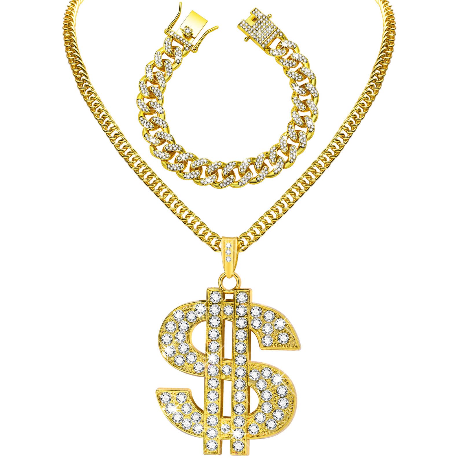 2 Pcs Gold Chain Dollar Sign Necklaces with Cuban Link Bracelet Set, 80s 90s Costume Big Fake Gold Chains Money Pendant Hip Hop Rapper Punk Jewelry for Men Women Party Accessories