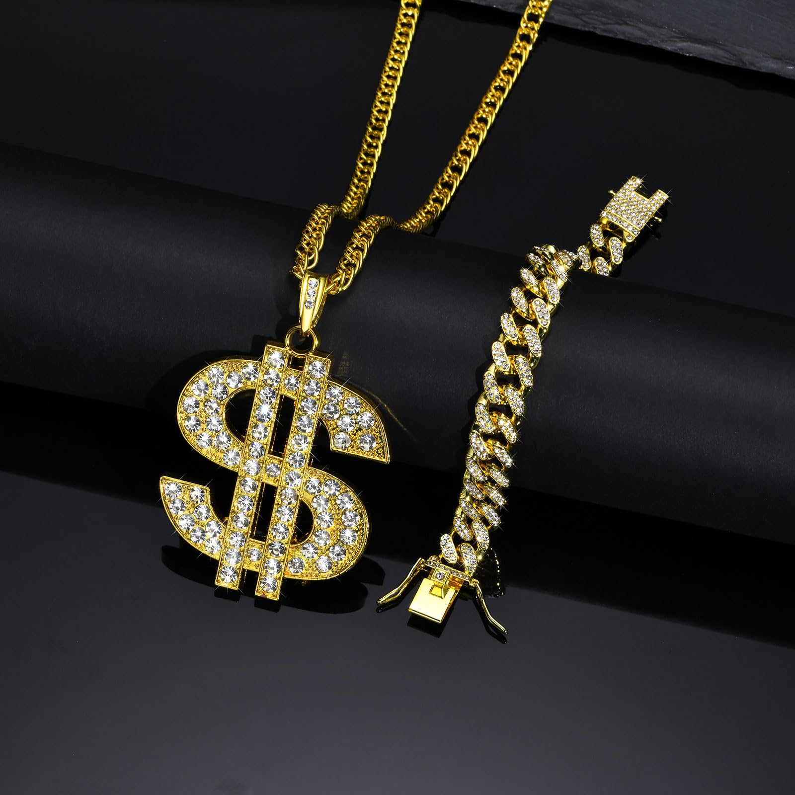 2 Pcs Gold Chain Dollar Sign Necklaces with Cuban Link Bracelet Set, 80s 90s Costume Big Fake Gold Chains Money Pendant Hip Hop Rapper Punk Jewelry for Men Women Party Accessories