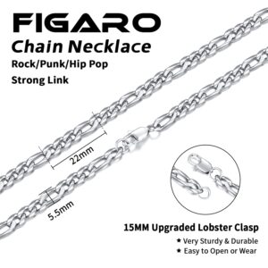 Jewlpire Silver Chain for Men Women, 5.5mm Men's Chain Necklace Stainless Steel Figaro Chain Necklaces Mens Silver Chain, 16 Inches