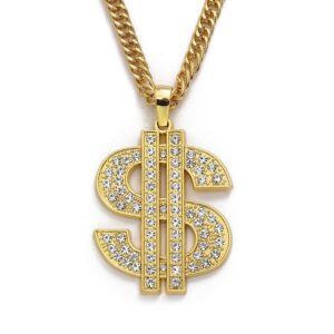 HUITIAN INTL Gold Chain with Dollar Sign Big Money Necklaces for Men Women Stainless Steel Rhinestone Jewelry Fashion Pendants with 28 Inches Cuban Chain (Gold)Spinner Dollar Sign Necklaces 36 Inches