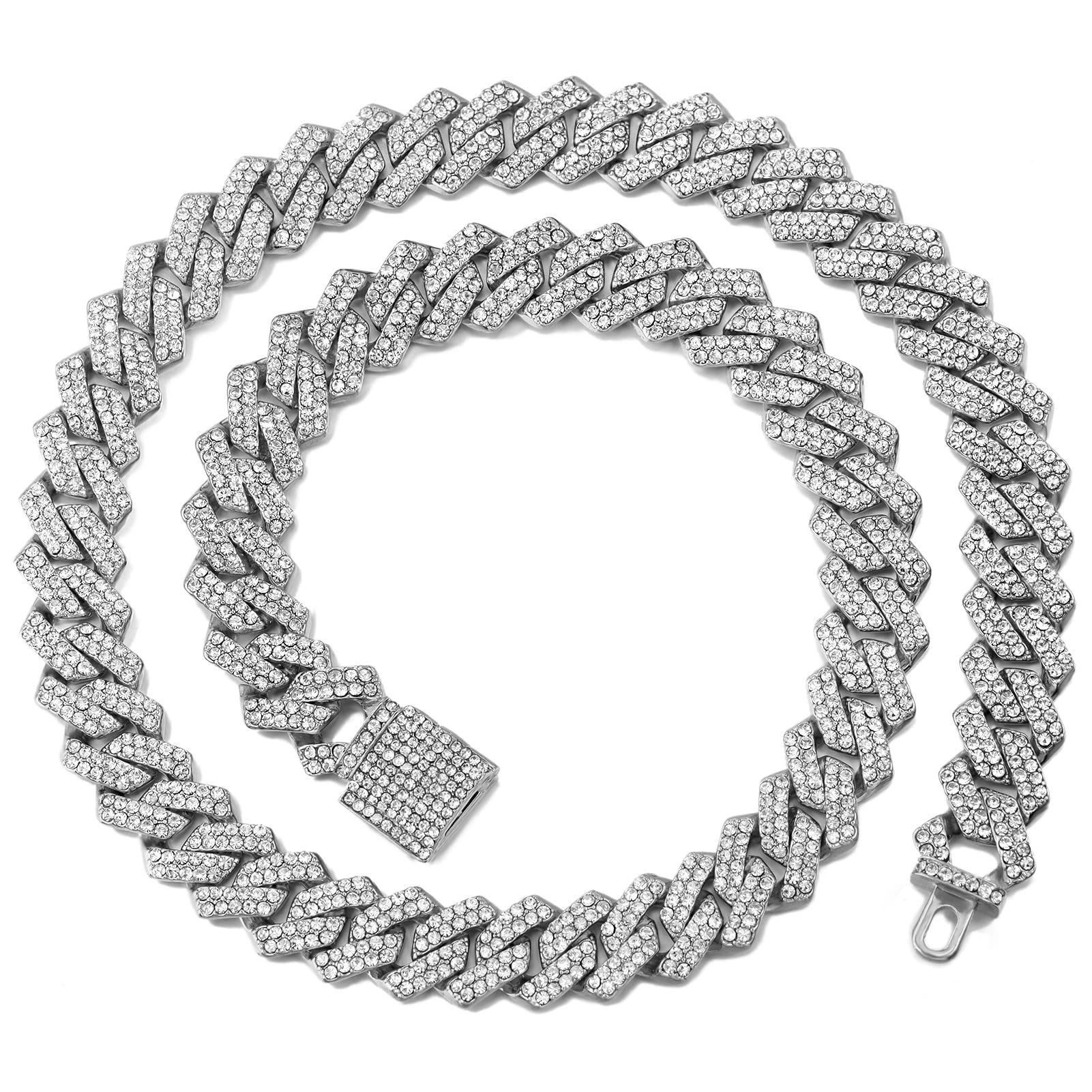 KKJTDS Miami Cuban Link Chain for Men 14mm Diamond Iced Out Cuban Link Chain Necklace Bracelet Hip Hop Jewelry Mens Women (silver, 18inch)