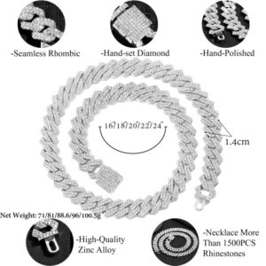 KKJTDS Miami Cuban Link Chain for Men 14mm Diamond Iced Out Cuban Link Chain Necklace Bracelet Hip Hop Jewelry Mens Women (silver, 18inch)