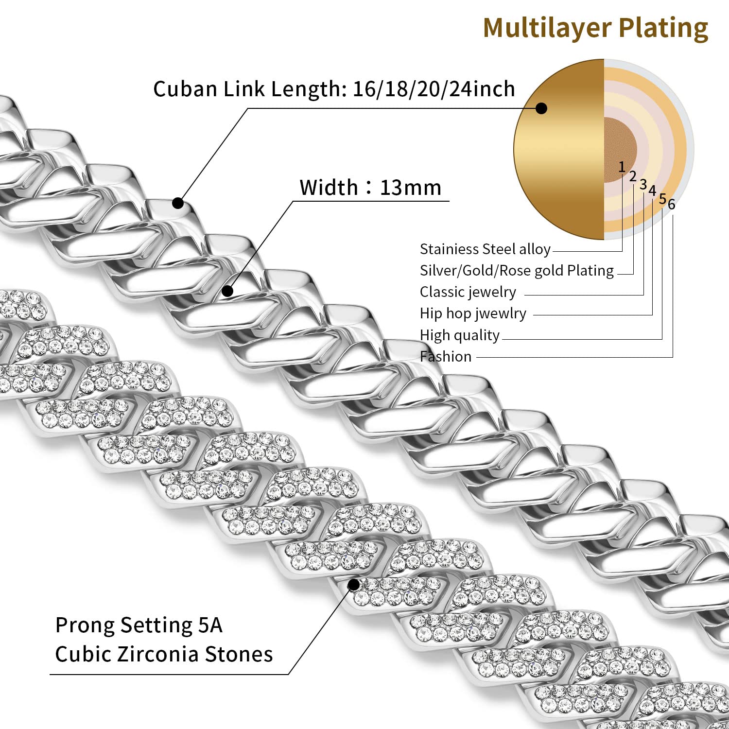 MOFEIJEWEL 13mm Cuban Link Chain For Men Women Iced Out Chain Miami Cuban Necklace Bling Diamond Chains Hip Hop Jewelry （Silver 20inch）