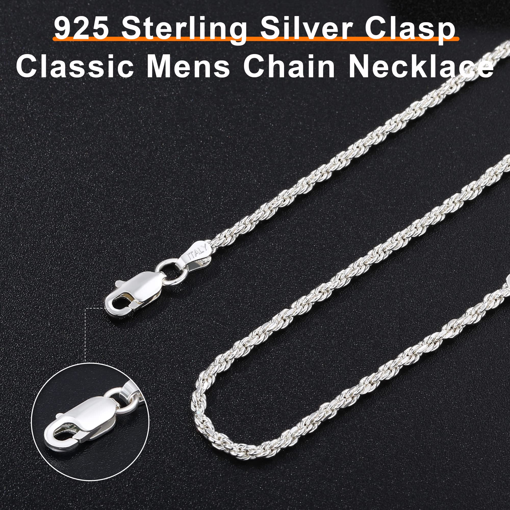 OCHCOH Silver Chain for Men Rope Chain 2mm Silver Necklace for Men Diamond Cut Silver Chain for Men Sterling Silver Chain for Men 16 Inch Sterling Silver Rope Chain Necklace for Men Mens Jewelry