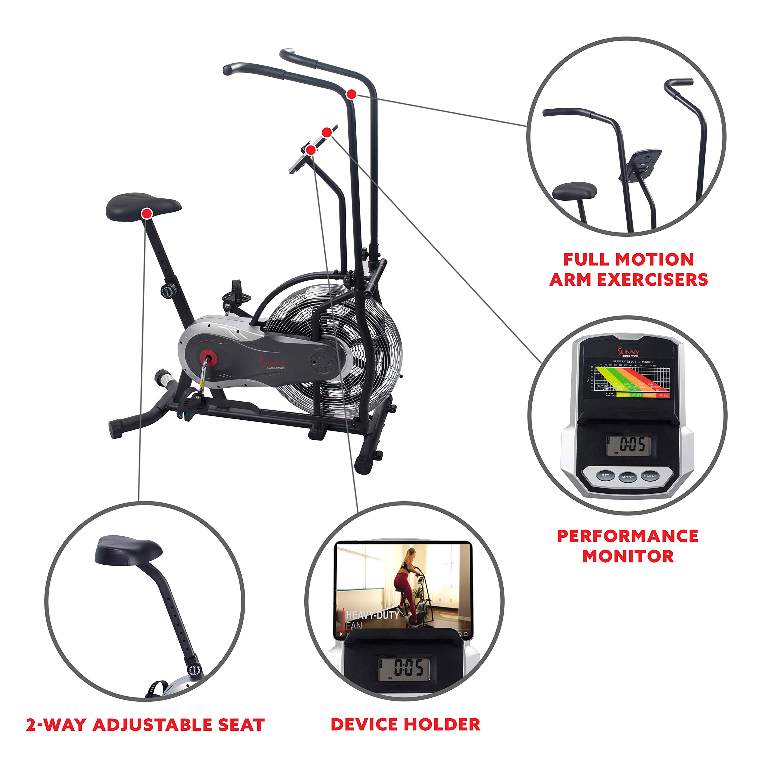 Sunny Health & Fitness Zephyr Air Bike, Fan Exercise Bike with Unlimited Resistance and Device Mount - SF-B2715, Black